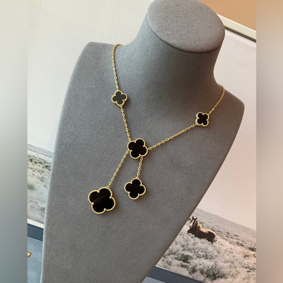 - 18k Gold Plated Alhambra Black Clover Magic Necklace with Logo - Picture 1 of 10